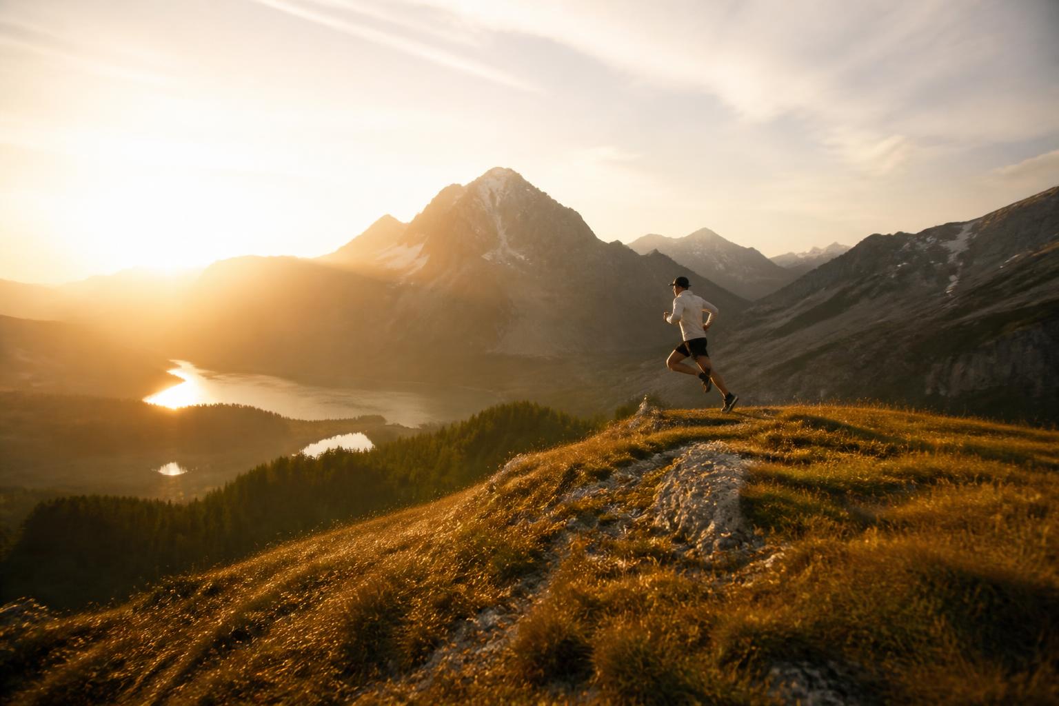 Trail runner on a Canadian mountain ridge at dawn